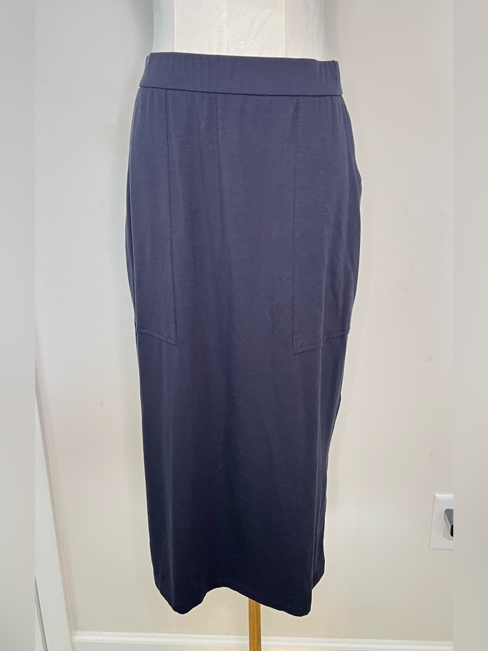 Eileen Fisher Navy Pencil Skirt Elastic Waist Side Slits XXS/TTP Pockets Career